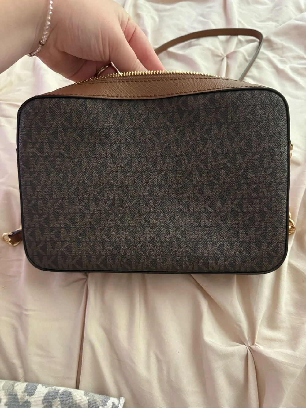 Michael Kors Brown Signature MK Logo Messenger Bag with Gold Hardware